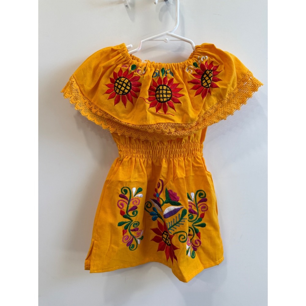 Kids Mexican Embroidered Floral Dress Yellow Off Shoulder Sunflower Smocked